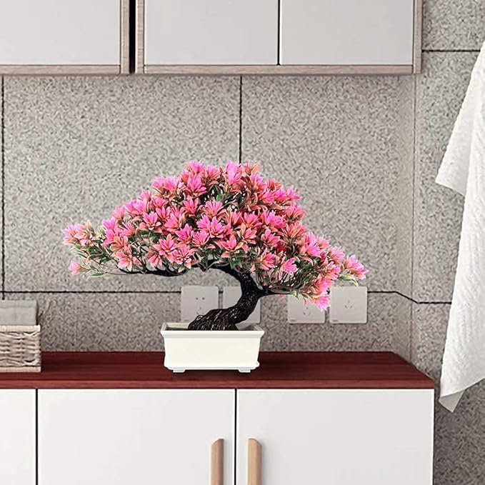 Fake Plants Plastic Artificial Bonsai Tree, Pink Room Decor Bonsai Tree for Home Bedroom Farmhouse Office Desk Decor, Tall 9.5"