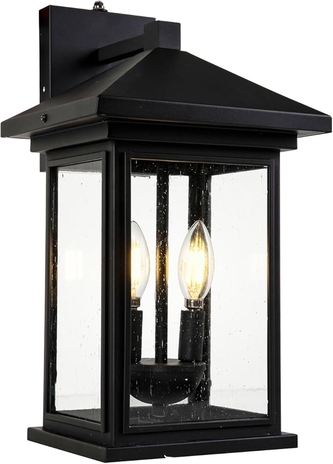 Dusk to Dawn Outdoor Wall Lantern, Exterior Wall Sconce Fixture with Tempered Clear Seeded Glass, Matte Black Finish for Outdoors (Large Wall Mount)