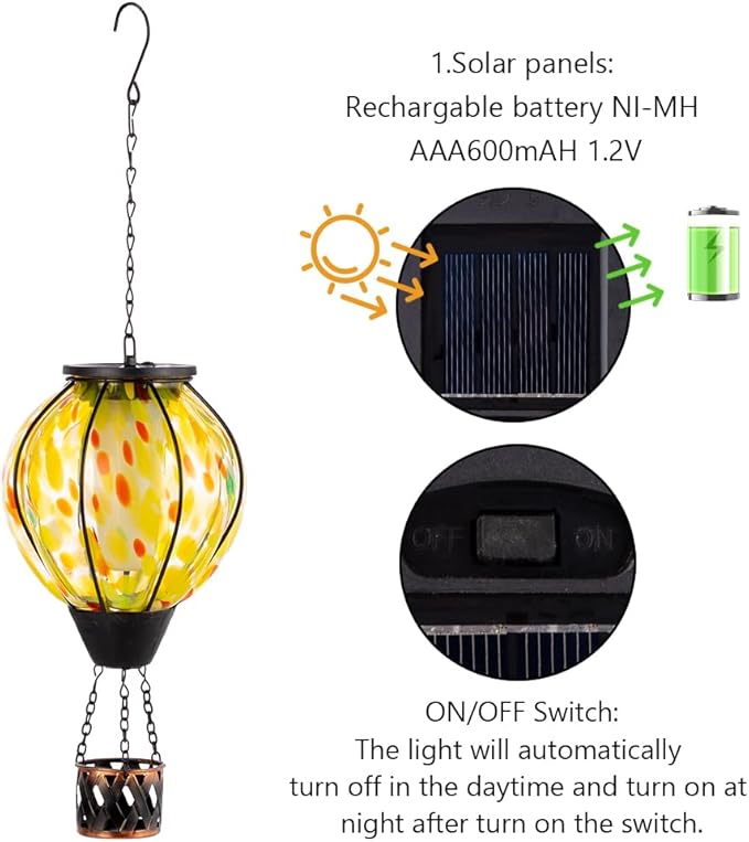 Hot Air Balloon Solar Lanterns with Flickering Flame Light,Glass Hanging Solar Lanterns Outdoor Waterproof Hot Air Balloon Light for Patio Yard Garden Decor Mother Day Gifts for Women(Yellow)