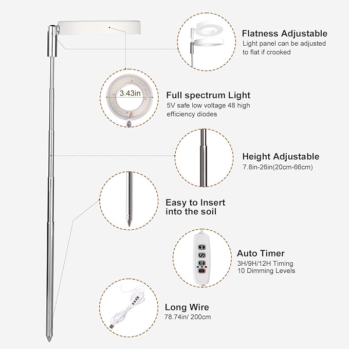 Grow Lights for Indoor Plants Small Potted - Full Spectrum, Auto 3/9/12H Timer, 10-Level Dimming & Adjustable Height - Compact Grow Light for Succulents, Herbs, Foliage in Home/Office (White,1PACK)