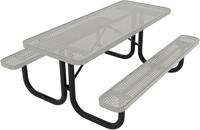 Coated Outdoor Furniture Heavy-Duty Portable Outdoor Picnic Table, Thermoplastic Coated Punched Steel Commercial-Grade Patio Dining Furniture Made in America (6ft Rectangular, Grey)
