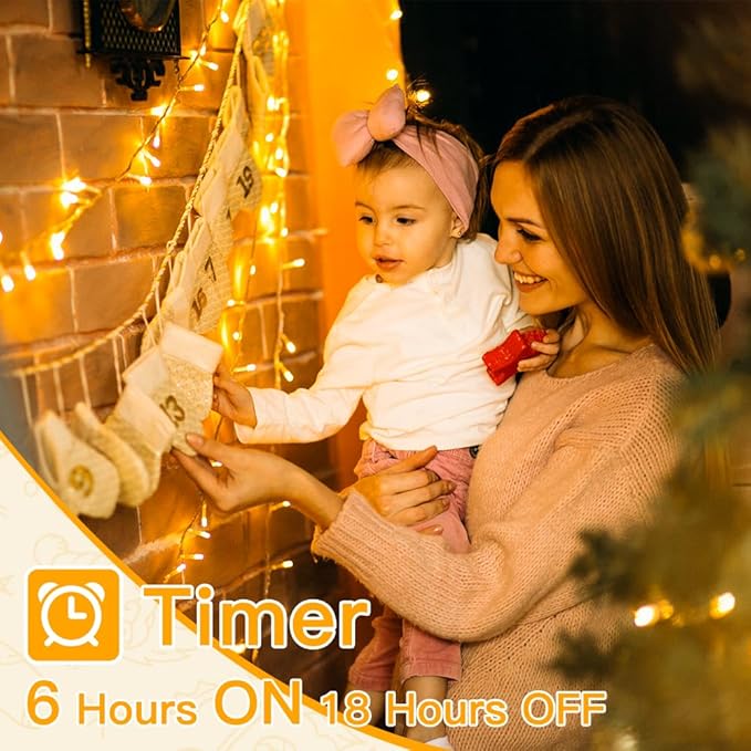 Ollny String Lights Indoor 200LED 60FT, Warm White Connectable Plug in LED Outdoor Light, 8 Modes Waterproof Timer Christmas Lights for Outside Bedroom House Party Wedding Camping
