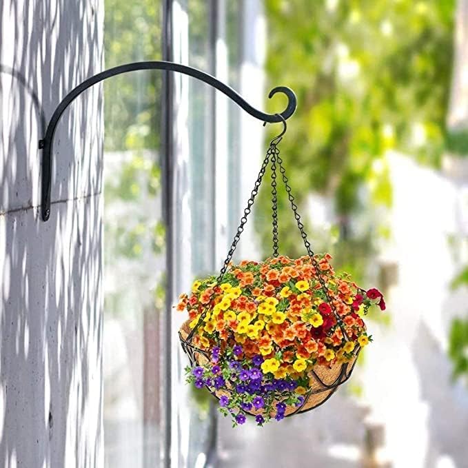 2 Pack Metal Hanging Planter Basket with Coco Coir Liner Chain Round for Garden Decoration Porch Indoor Outdoor (S Shape)