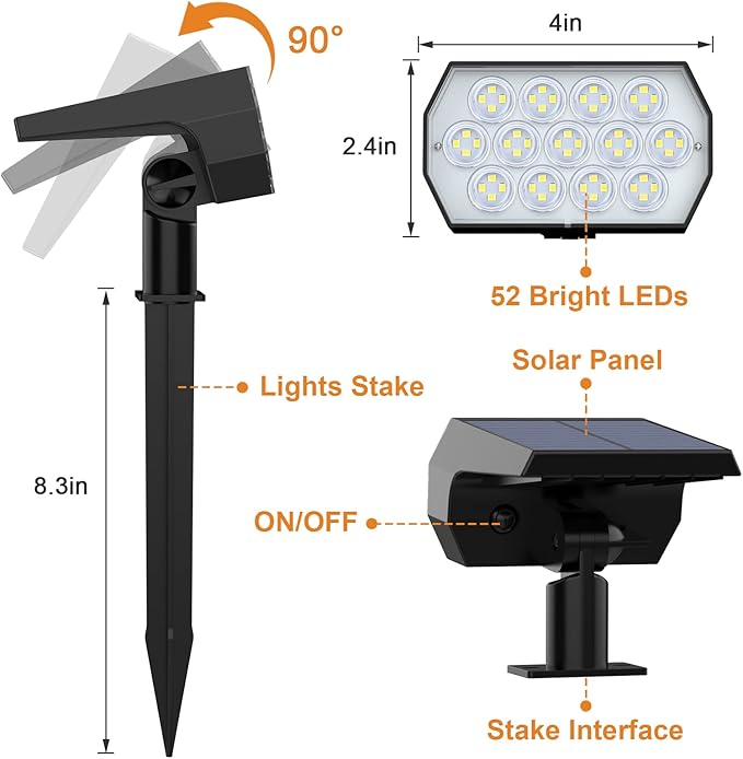 WELALO Solar Spot Lights Outdoor, [6 Pack/52 LED/3 Modes] 2-in-1 Solar Landscape Spotlights, Solar Powered Security Lights, IP65 Waterproof Wall Lights for Walkway Yard Garden Driveway(Cool White)