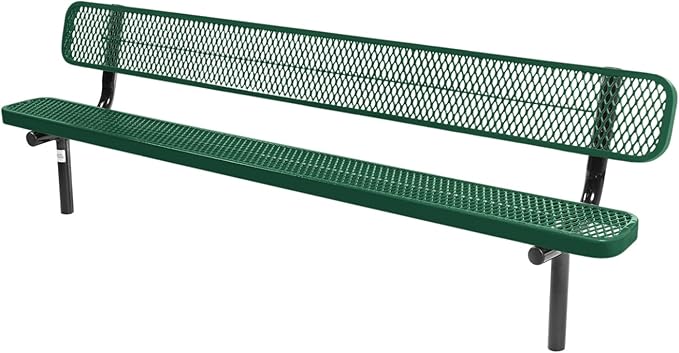 Coated Outdoor Furniture Heavy-Duty Outdoor Bench Thermoplastic Coated, Expanded Metal, Commercial-Grade Seating, Made in America (Inground with Back, 8 Ft, Textured Green)