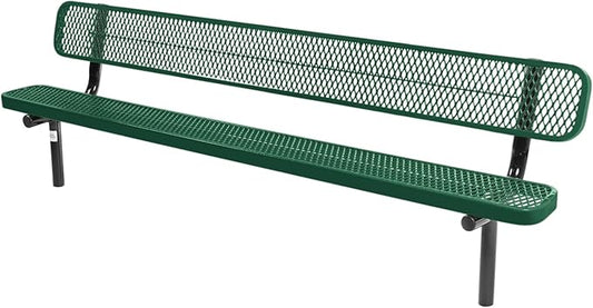 Coated Outdoor Furniture Heavy-Duty Outdoor Bench Thermoplastic Coated, Expanded Metal, Commercial-Grade Seating, Made in America (Inground with Back, 8 Ft, Textured Green)