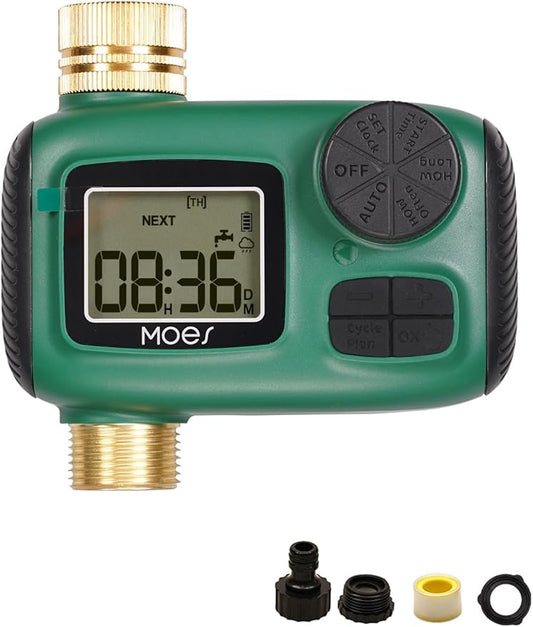 MOES Sprinkler Timer, Brass Inlet & Outlet, Programmable Automatic Irrigation Controller, Rain Delay, Manual Watering, 1 Zone Water Hose Timers for Gardens, Lawns, and Hose Systems