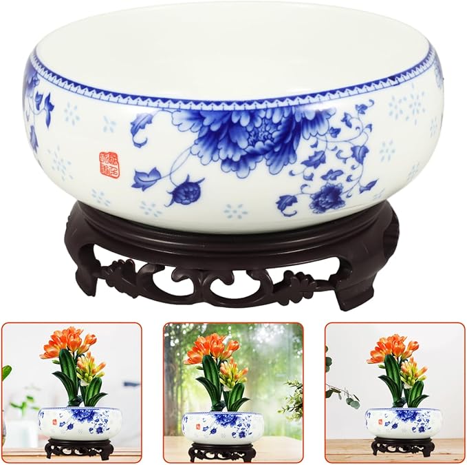 Ceramic Chinese Pot White Water Lily Bowl Ceramic Plant Pot Hydroponic for Garden Home Office-8Inch