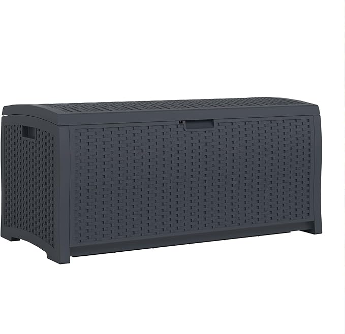 Suncast 73 Gallon Medium Resin Wicker Indoor/Outdoor Storage Box for Garden Tools, Pool Accessories, and Patio Cushions, Cyberspace