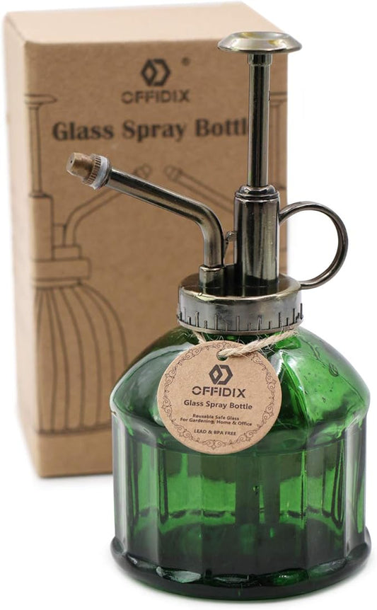 OFFIDIX Glass Plant Mister, 6.3 Inches Tall Vintage Style Spritzer Bronze Plastic Top Pump One Hand Watering Can Indoor Plant Spray Bottle for Garden, Plants, Cleaning (Dark Green)