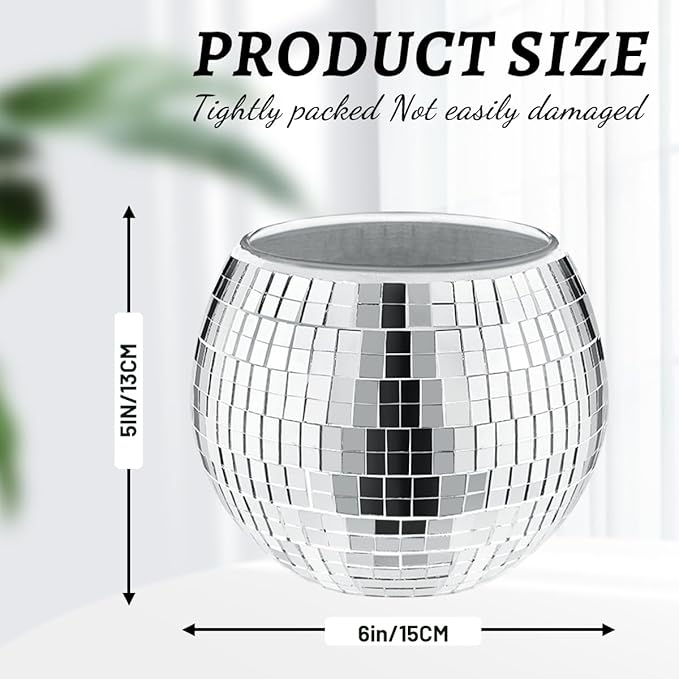 2 Pcs Disco Ball Vase, 5 x 6 Inch Mirrored Disco Ball Planters Perfect for Decorative Living Room, Bedroom, Dining Table, Wedding, Party, Birthday