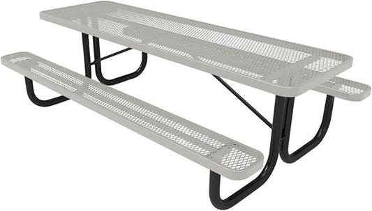 Coated Outdoor Furniture Heavy-Duty Portable Outdoor Picnic Table, Thermoplastic Coated Expanded Metal Commercial-Grade Patio Dining Furniture Made in America (8ft Rectangular, Grey)