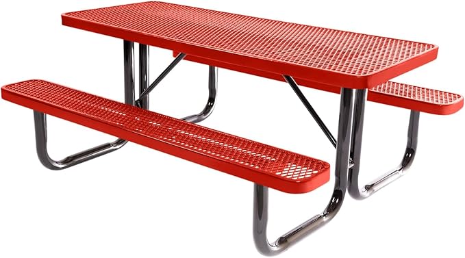Coated Outdoor Furniture Heavy-Duty Portable Outdoor Picnic Table, Thermoplastic Coated Expanded Metal Commercial-Grade Patio Dining Furniture Made in America (6ft Rectangular, Red)