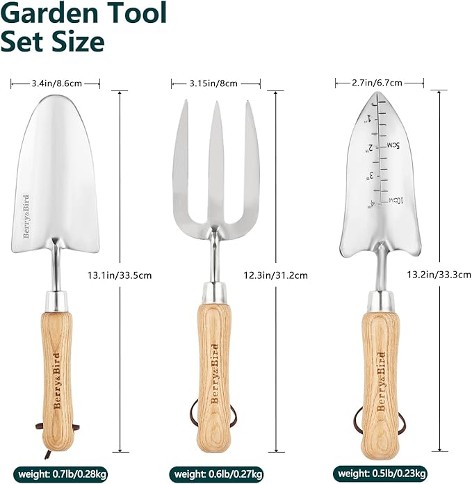 Berry&Bird Garden Tool Set- 3PCS Stainless Steel Gardening Tool Sets with Wooden Handle Trowel Weeding Fork & Digging Shovel Hand Tool Kit for Planting, Ideal Gardening Gift for Women & Men