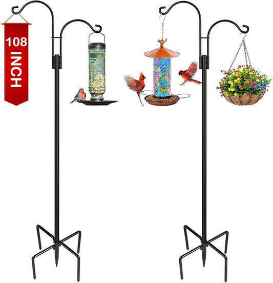 XDW-GIFTS Double Shepherds Hooks for Outdoor, 2-Pack Heavy Duty Garden Pole for Hanging Bird Feeder, Plant Baskets, Solar Light Lanterns, Garden Plant Hanger Stands with 5 Base Prongs