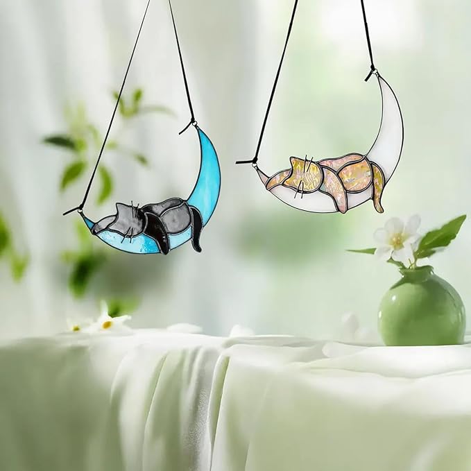 HDCRYSTALGIFTS Black Cat Decor Suncatcher Stained Glass Window Hanging,Handcrafted Kitty Decor Funny for Cat Lovers,Home Decoration for Window Patio Office Living Room Wall