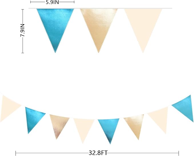 Champagne Gold Sky Blue Beige Decorations Metallic Fabric Triangle Pennant Banner Bunting Flag Garland for Birthday Baby Shower Engagement Wedding Graduation Bridal Shower Party Decorations Supplies
