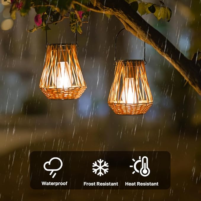 Solar Lanterns,2 Pack Hanging Solar Lantern Outdoor Lanterns for Patio Waterproof,Rattan Lantern with Handle,Decorative Retro Rattan Lights for Yard