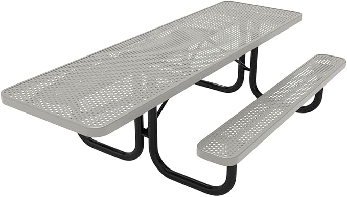 Coated Outdoor Furniture Heavy-Duty Portable ADA-Compliant Outdoor Picnic Table, Punched Steel Patio Dining Furniture Made in America (8ft Rectangular, One-Side Handicap, Grey)