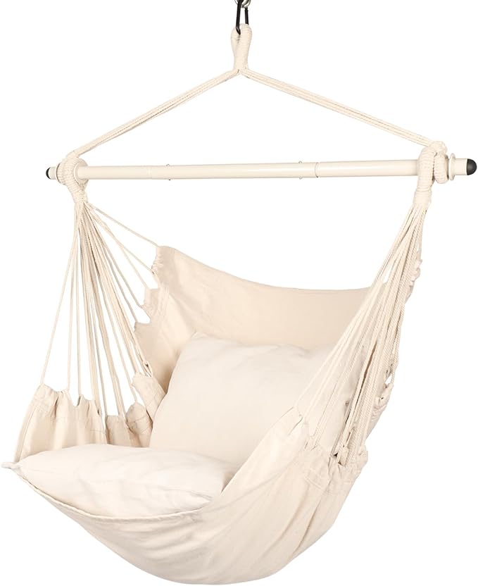 Highwild Hammock Chair Hanging Rope Swing - Max 500 Lbs - 2 Cushions Included - Steel Spreader Bar with Anti-Slip Rings - for Any Indoor or Outdoor Spaces (Beige)