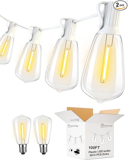DAMAING LED Outdoor String Lights 100FT Patio Lights with 52 Shatterproof Edison Bulbs,Dimmable Hanging Lights,Waterproof String Lights for Outside Wedding,Bistro,Porch,Backyard,2200K