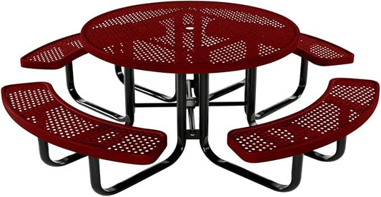 Coated Outdoor Furniture Heavy-Duty Portable Outdoor Kids Table with Umbrella Hole, Punched Steel Kids Picnic Table, Commercial-Grade, Made in America (46 In, Round, Childrens, Textured Burgundy)