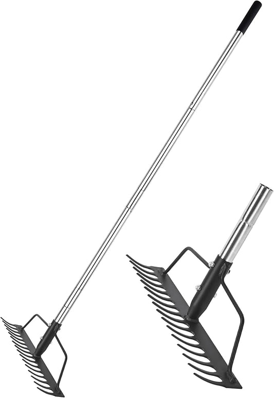 15 Inch Wide Bow Rake, 16 Steel Tines Metal Head Rake Tool with Stainless Steel Handle, Adjustable Long Handle Garden Rake for Loosening Soil Leveling Mulch Gathering Lawns Leaves