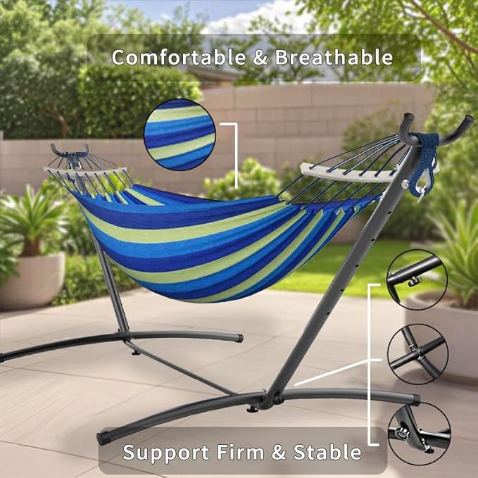 Double Hammock, Heavy Duty Portable, 500 lb Weight Capacity, Perfect for Both Indoors and Outdoors, 2 Person Hammock with Carrying Bag, Wide Blue