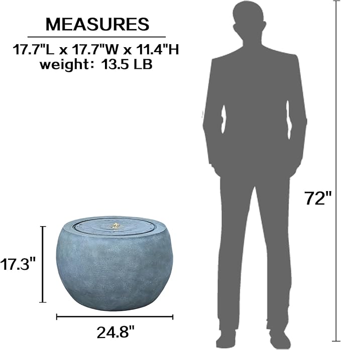 Garden Water Fountain Outdoor Large Round Bubbler Water Feature Indoor with Lights & Pump and Pebbles Concrete Effect for Patio Pool Pond Yard Home Decor Gray, 25 "L X 25" W X 17.5" H