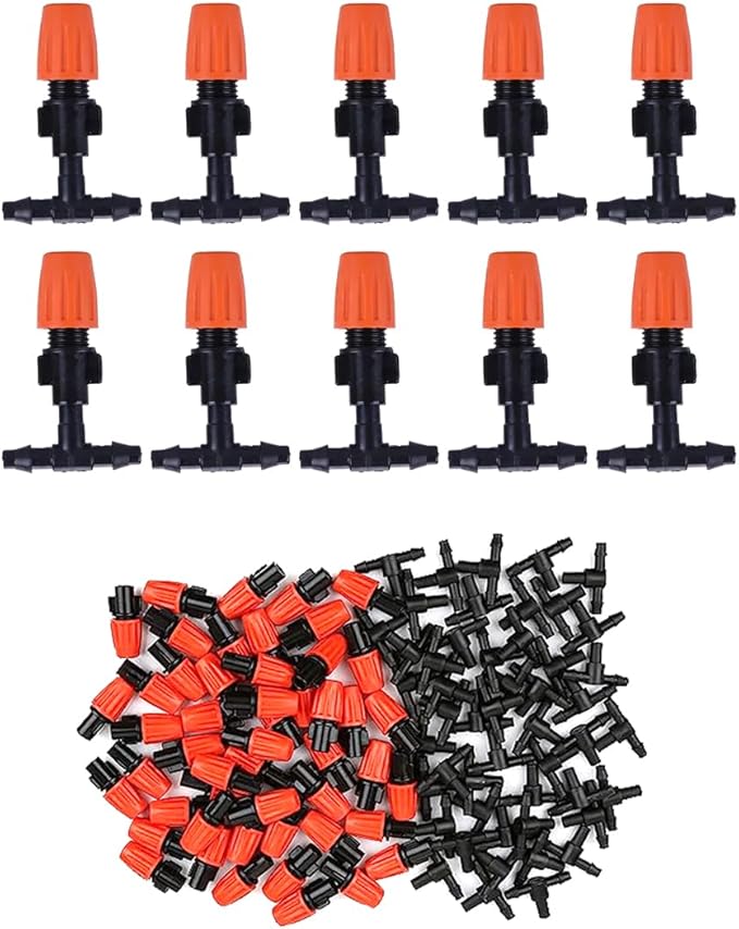 80PCS 1/4" Inch Adjustable Irrigation Microspray Emitter Three Way Atomizing Nozzle with Tee Connector Drip Irrigation Accessory for Garden Lawn Flower Bed Irrigation System Watering