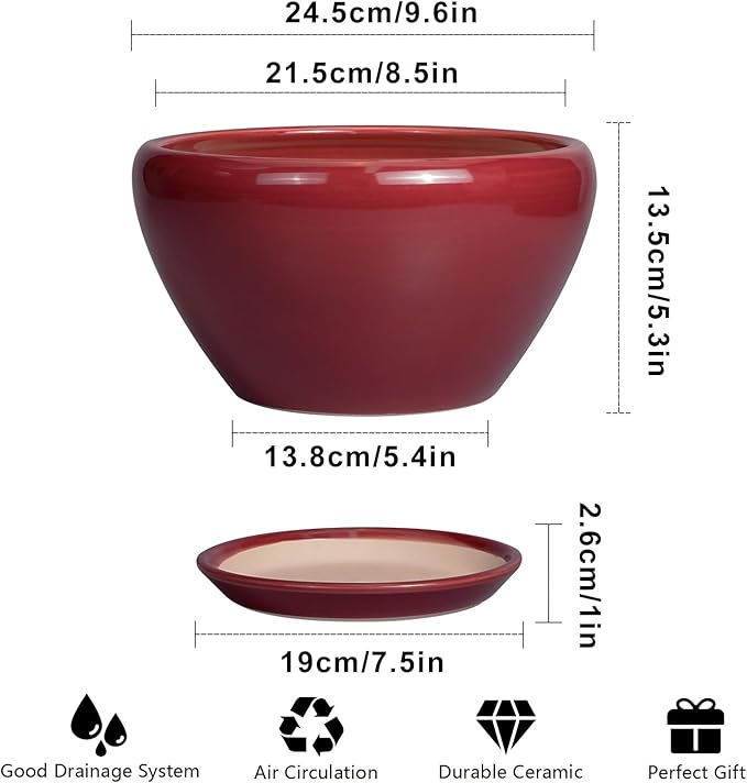 Ceramic Plant Pot 9 Inch - Planter Pot with Drainage Hole and Saucer, Round Large Planter for Indoor Plants, Outdoor Flower Pot for House Patio Decor, Red