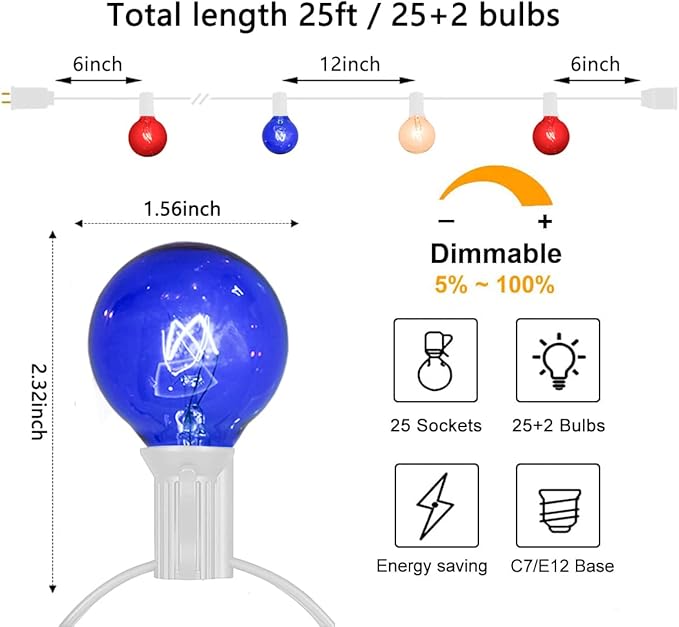 4th of July Decorations String Lights, 25Ft Outdoor Patio String Lights with 27 G40 Red White and Blue Light Bulbs(2 Spare), Independence Day Lights for Patriotic Party Garden Festival Decor- White