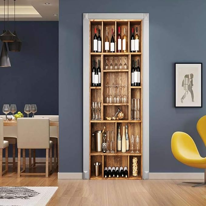 3D Door Stickers Murals Peel and Stick - Wine Cabinet - Door Wallpaper Self-Adhesive Door Decals Removable PVC Waterproof Door Poster for Bedroom Living Room Door Wall Decoration 37.4 x 84.6 inch