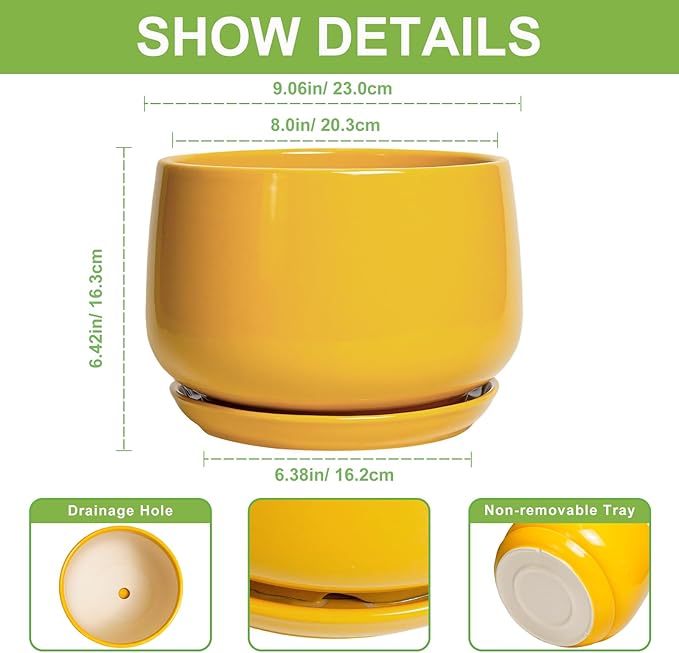 G EPGardening Ceramic Flower Pot - 9 Inch Plant Pots for Indoor Outdoor Plants, Round Ceramic Planter with Drainage and Plant Saucer, Modern Planter, Home Office Decor, Garden Gifts, Yellow