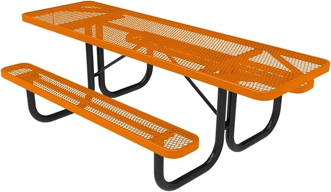 Coated Outdoor Furniture Heavy-Duty Portable ADA-Compliant Outdoor Picnic Table, Expanded Metal Patio Dining Furniture Made in America (8ft Rectangular, Both-Side Handicap, Orange)