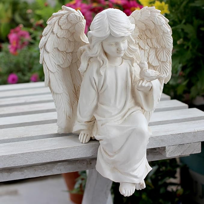 Angel Garden Statue, Sitting Angel Sculpture, Resin Angel with Bird Figurine for Patio Yard Porch Lawn Outdoor Decor Home Shelf Sitter Memorial Spiritual Gifts