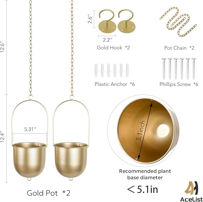 AceList Boho Hanging Planter, Set of 2 Gold Metal Plant Hanger with Hooks and Chains, Modern Wall & Ceiling Planters Outdoor/Indoor Hanging Planter for Window, Porch, Balcony and Home Décor
