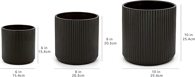Amazon Basics Assorted Sizes Fluted Ceramic Round Planters, Set of 3, 6 inch, 8 inch, 10 inch, Black