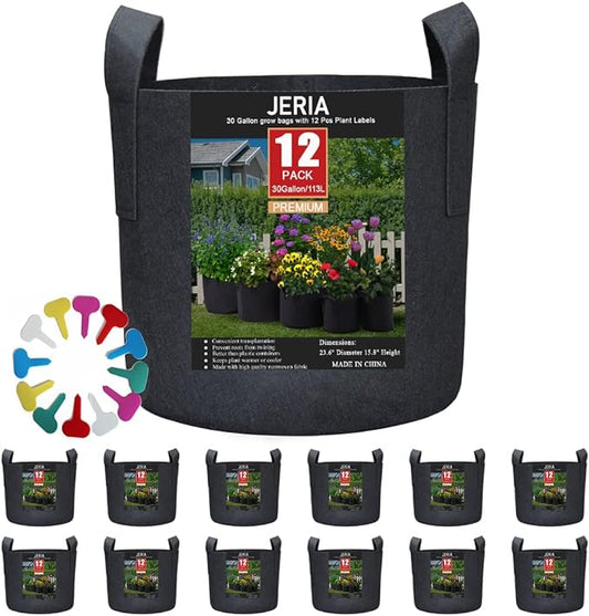 JERIA 12-Pack 30 Gallon, Vegetable/Flower/Plant Grow Bags, Aeration Fabric Pots with Handles (Black), Come with 12 Pcs Plant Labels