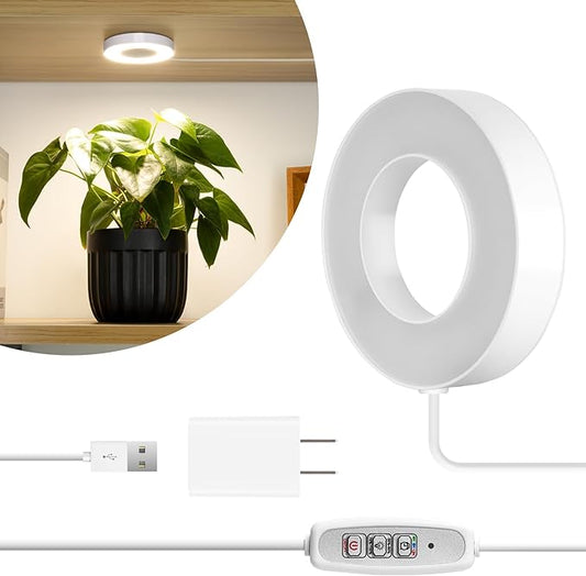 LORDEM Grow Light for Indoor Plants, 48 LEDs Ceiling Full Spectrum Plant Light, 5V Corded Growing Lamp with 4/8/12H Auto Switch, 4 Dimmable Brightness Levels, Ideal for Small Plants