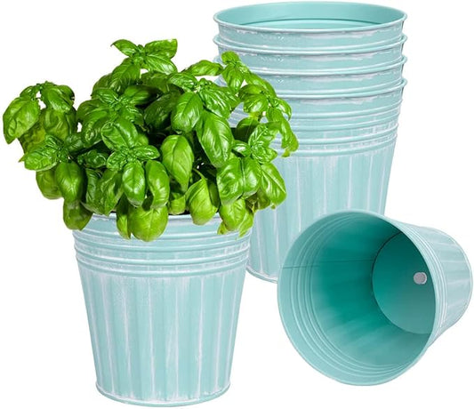 vensovo 6 Inch Cyan Blue Metal Rustic Flower Pots - 6Pcs Galvanized Planters with Drainage Hole and Rubber Plug, Rustproof Metal Bucket Plant Pots Farmhouse Vintage Style for Decor