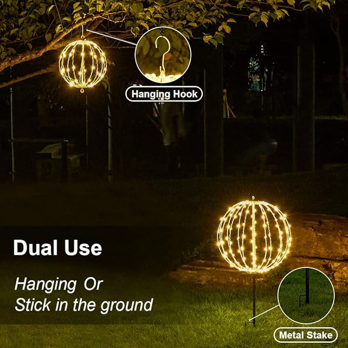 Christmas Ball Sphere, 12IN 96LED Hanging Tree and Pathway Lights With Hook and Stake, Foldable Metal Frame Ball for Outdoor Garden, UL Listed, Brown Frame, Warm White