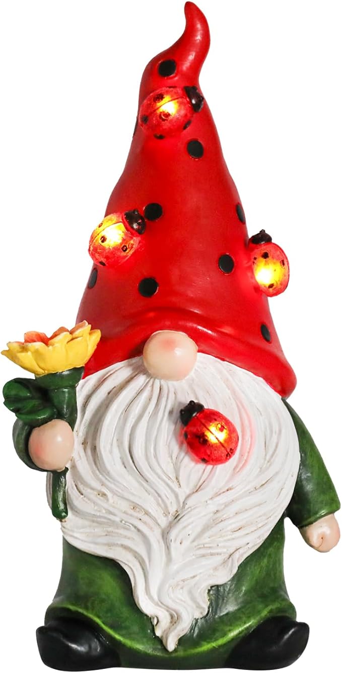 Garden Gnome Statue, Resin Sunflower Ladybug Gnome Figurine with Solar Lights for Porch Patio Yard Outdoor Decor
