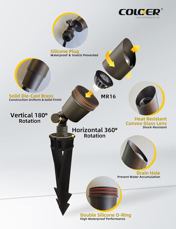 COLOER Brass Landscape Spotlights,10 Pack Spot Lights Outdoor with 5W Aluminum Housing MR16 LED Bulb 2700K 450LM,12V AC/DC Low Voltage Outdoor Lighting for Yard,Uplight for Garden and Patio(101B)