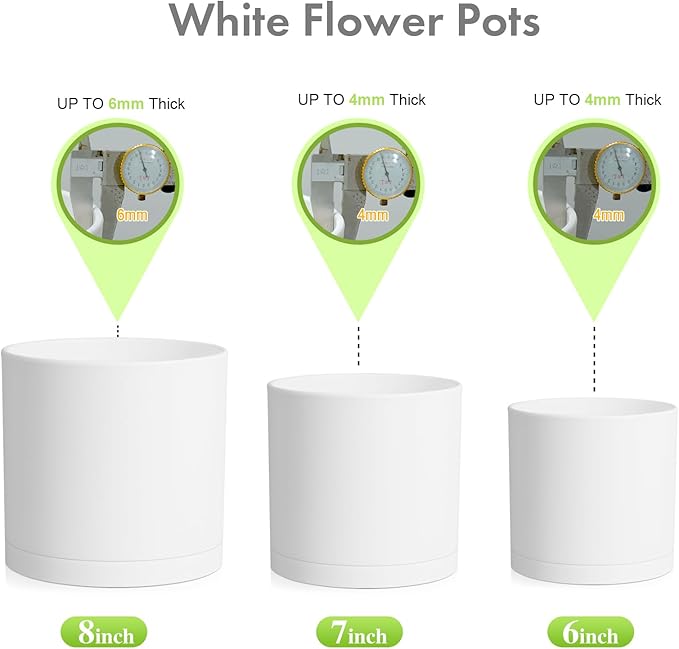8/7/6 inch Plant Pots, Set of 3 Cylinder Flower Pots for Outdoor Indoor Plants, Decorative Plastic Planters with Drainage Holes and Saucers for Garden House Plants, White