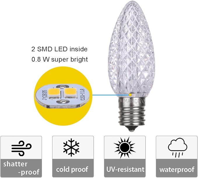 C9 Christmas Pathway Lights with Stakes,Cold White,2 Pack Total 60 Ft 40 Strawberry LED Bulbs,Connectable Shatterproof Outdoor Lights Marker for Xmas Yard Garden Path Lawn Walkway Sidewalk