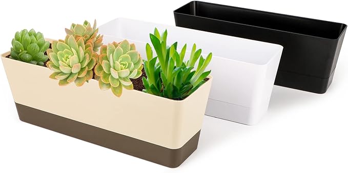 GREANER Window Boxes, 3 Pack 12x3.8 Inch Mixed Color Rectangle Herb Planters with Tray, Indoor Succulent Cactus Plastic Saucer Pot for Windowsill, Balcony, Office, Outdoor Garden (Black, White, Beige)