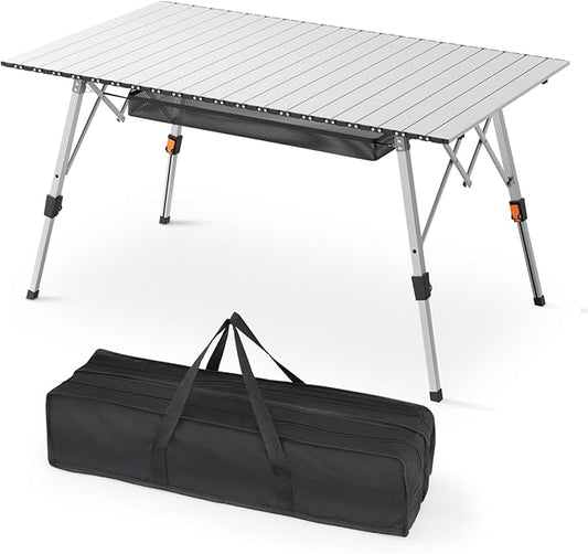 Athena Collection Foldable Camping Table, 47" Aluminum Outdoor Folding Camp Table with Mesh Layer Telescopic Legs and Carry Bag, Lightweight and Portable for Outdoor Camping Picnic Grilling, Silver