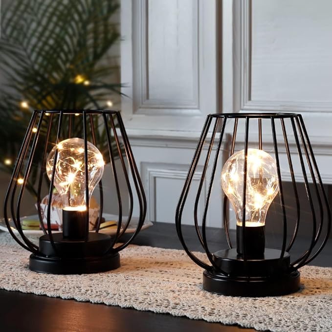 TRIROCKS Set of 2 Metal Battery Operated Lamp 7'' Tall Mini Cage Shape Cordless Table Lamp Battery Lanterns with Warm Fairy Lights Bulb for Patio Garden Wedding Parties Indoor Outdoor(Black)