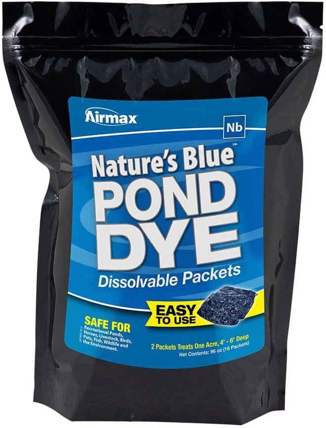 Airmax Pond Dye Packets Nature's Blue Colorant for Large Pond & Lake, Beneficial UV Blocking Color Concentrate, Maintain Clean & Clear Pond, Fish & Animal Safe, Easy Treatment, 16 Soluble Packets